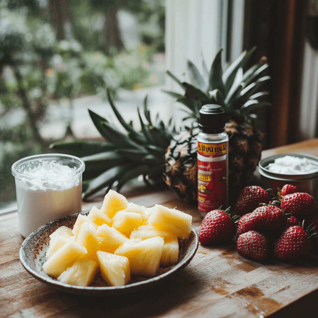 Fresh pineapple, strawberries, coconut cream, and vanilla extract arranged on a kitchen counter