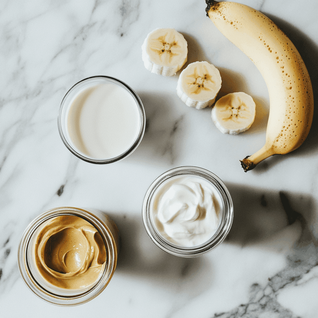 Ingredients for peanut butter banana smoothie laid out on a counter: frozen bananas, peanut butter, almond milk, and Greek yogurt.