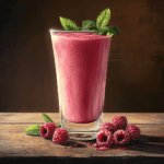 A refreshing raspberry smoothie served in a tall glass with a garnish of fresh raspberries and mint.