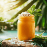 A tropical papaya mango fusion smoothie served in a tall glass, adorned with papaya and mango slices and a lime wedge.