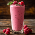 A velvety raspberry smoothie without yogurt served in a tall glass, topped with plump raspberries.