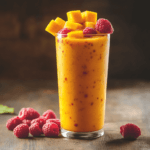 A vibrant mango banana raspberry smoothie in a tall glass with a straw, garnished with fresh raspberries and mango slices.