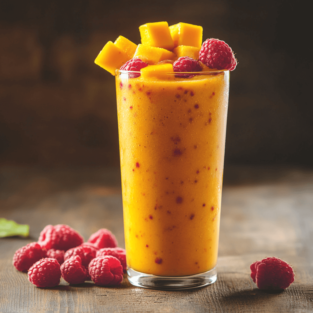 A vibrant mango banana raspberry smoothie in a tall glass with a straw, garnished with fresh raspberries and mango slices.