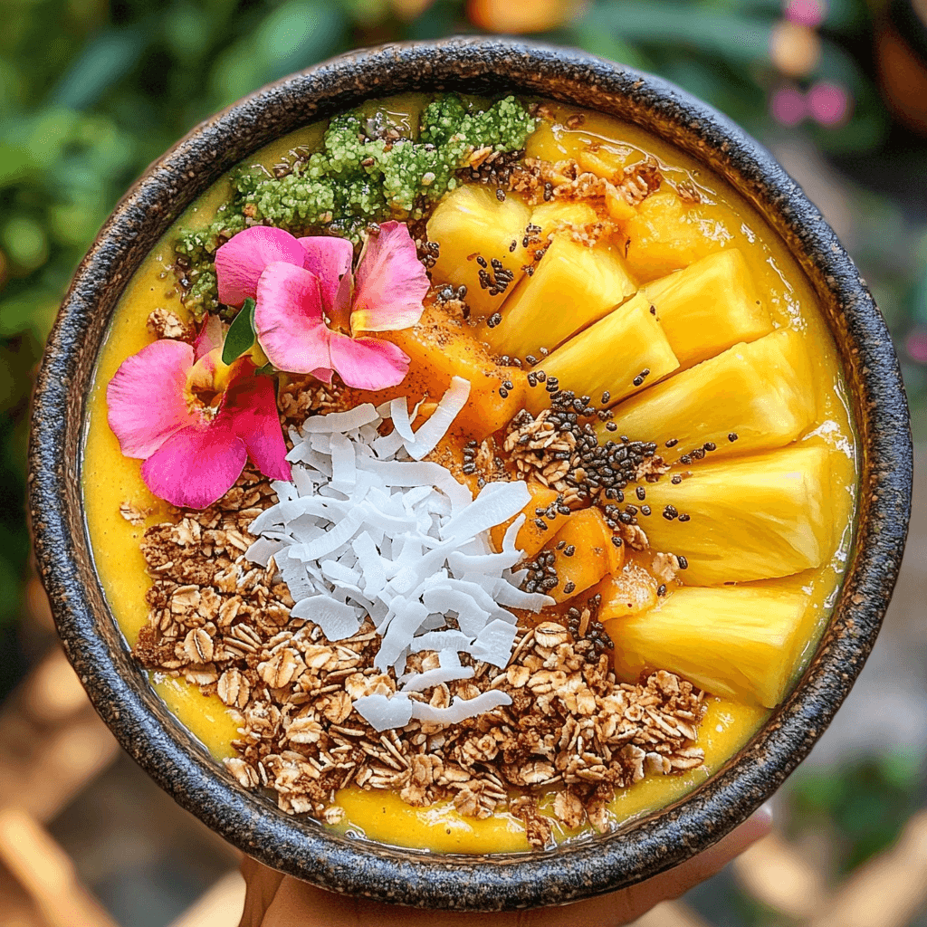A smoothie bowl with mango, pineapple, granola, and shredded coconut toppings