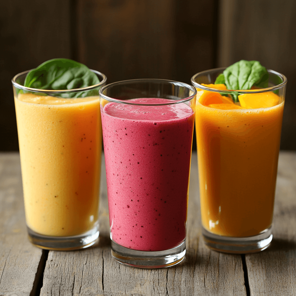 Three glasses of mango and raspberry smoothie with different add-ins: spinach, protein powder, and orange juice.