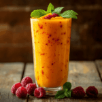 A vibrant mango and raspberry smoothie in a tall glass with a straw, garnished with fresh raspberries and mint leaves.