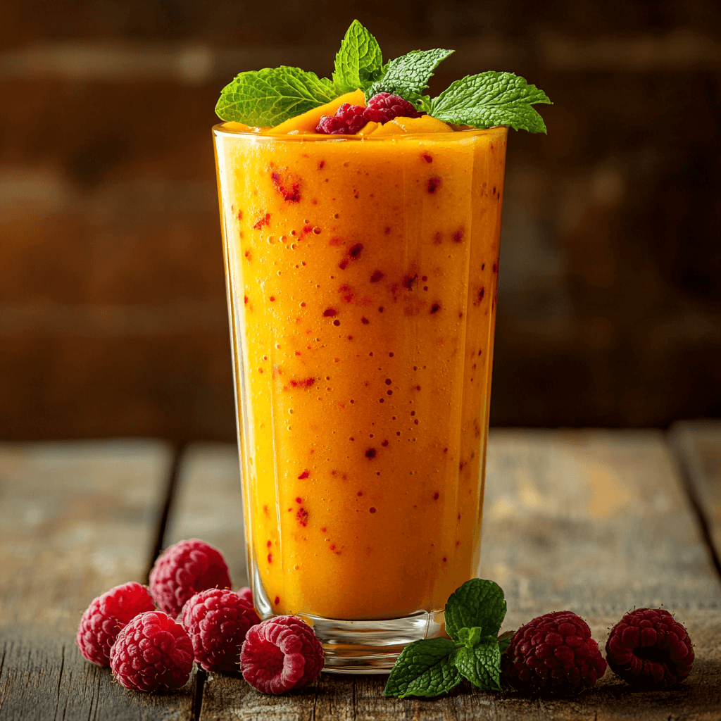 A vibrant mango and raspberry smoothie in a tall glass with a straw, garnished with fresh raspberries and mint leaves.