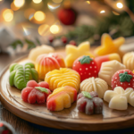 Colorful homemade marzipan candies shaped like fruits and animals.