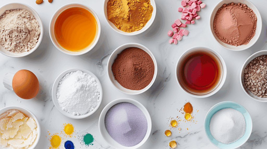 Ingredients for a simple marzipan recipe: almond flour, powdered sugar, and flavorings.