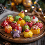 Colorful homemade marzipan candies shaped like fruits and animals.