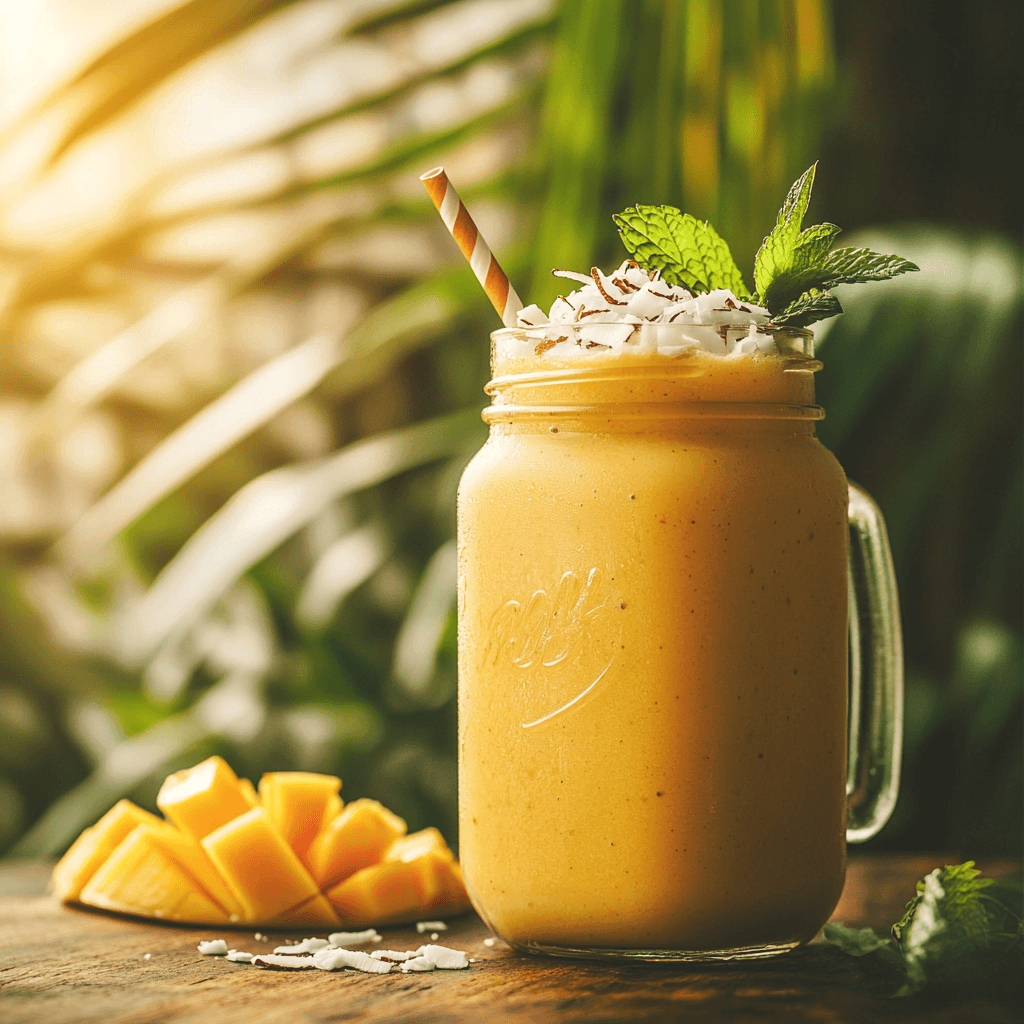 A refreshing papaya mango smoothie in a tall glass with tropical fruit slices as garnish.