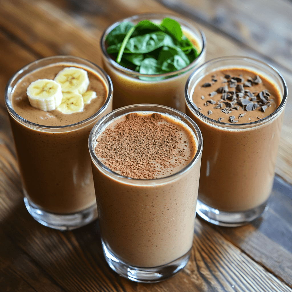 four glasses of peanut butter banana smoothie with different variations: chocolate, green, and protein-packed.