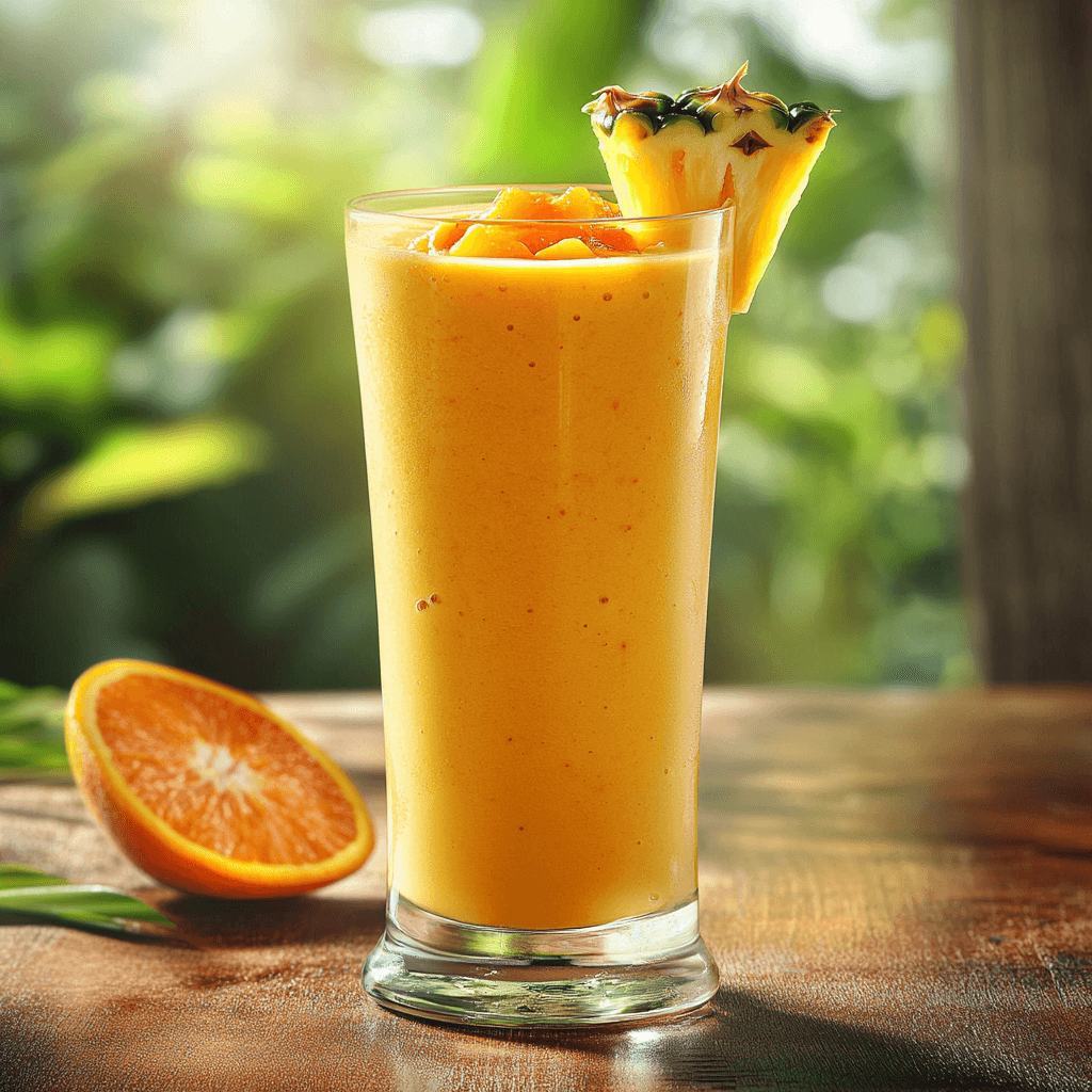 A vibrant Pineapple Orange Sunrise Smoothie in a tall glass with fresh fruit garnish.