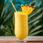A delightful mango pineapple smoothie served in a tall glass, accented with a fresh pineapple slice garnish and a straw.