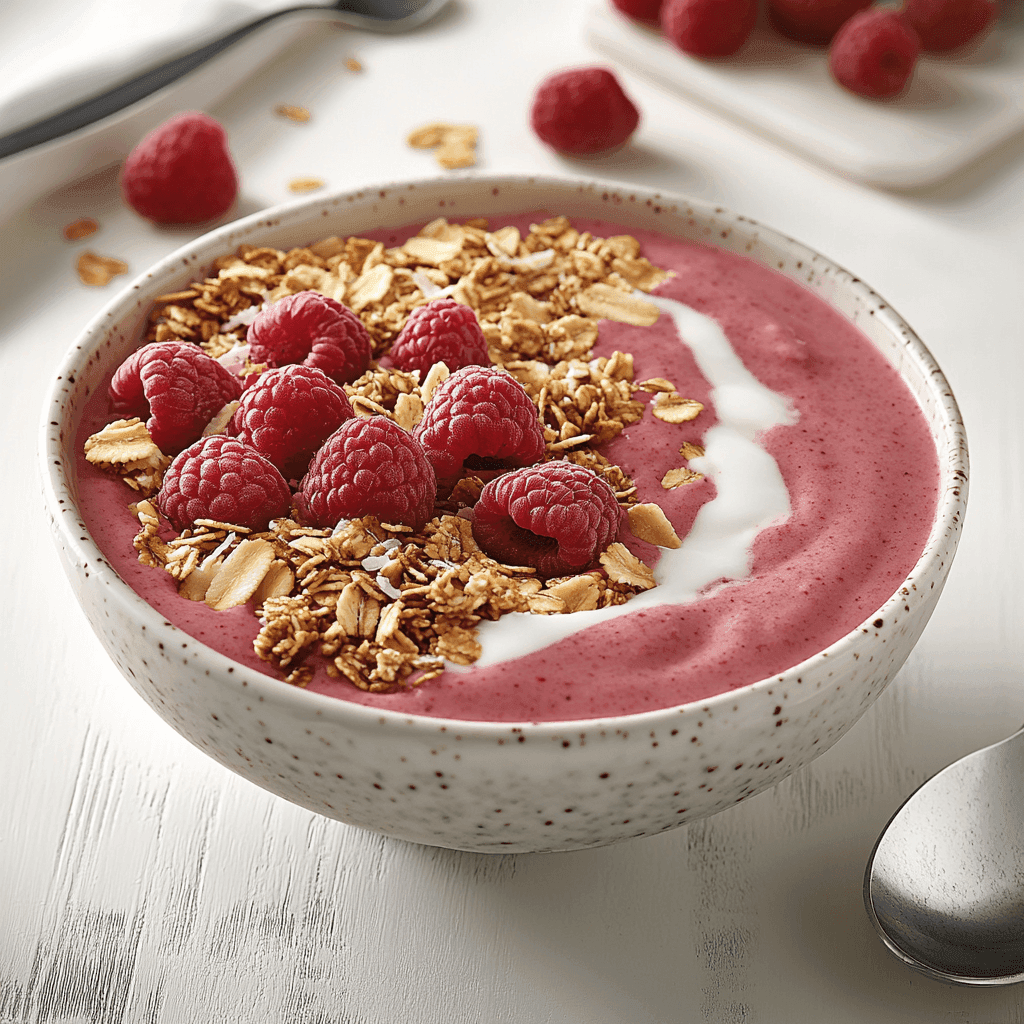 A smoothie bowl made with raspberry smoothie, topped with granola, coconut flakes, and fresh fruit.