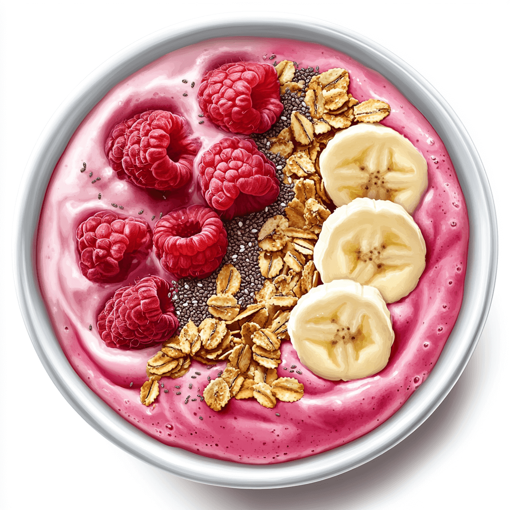 Raspberry smoothie bowl topped with granola, chia seeds, and fresh fruit