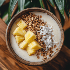 A thick Pineapple Orange Sunrise Smoothie bowl topped with granola and fresh fruit.