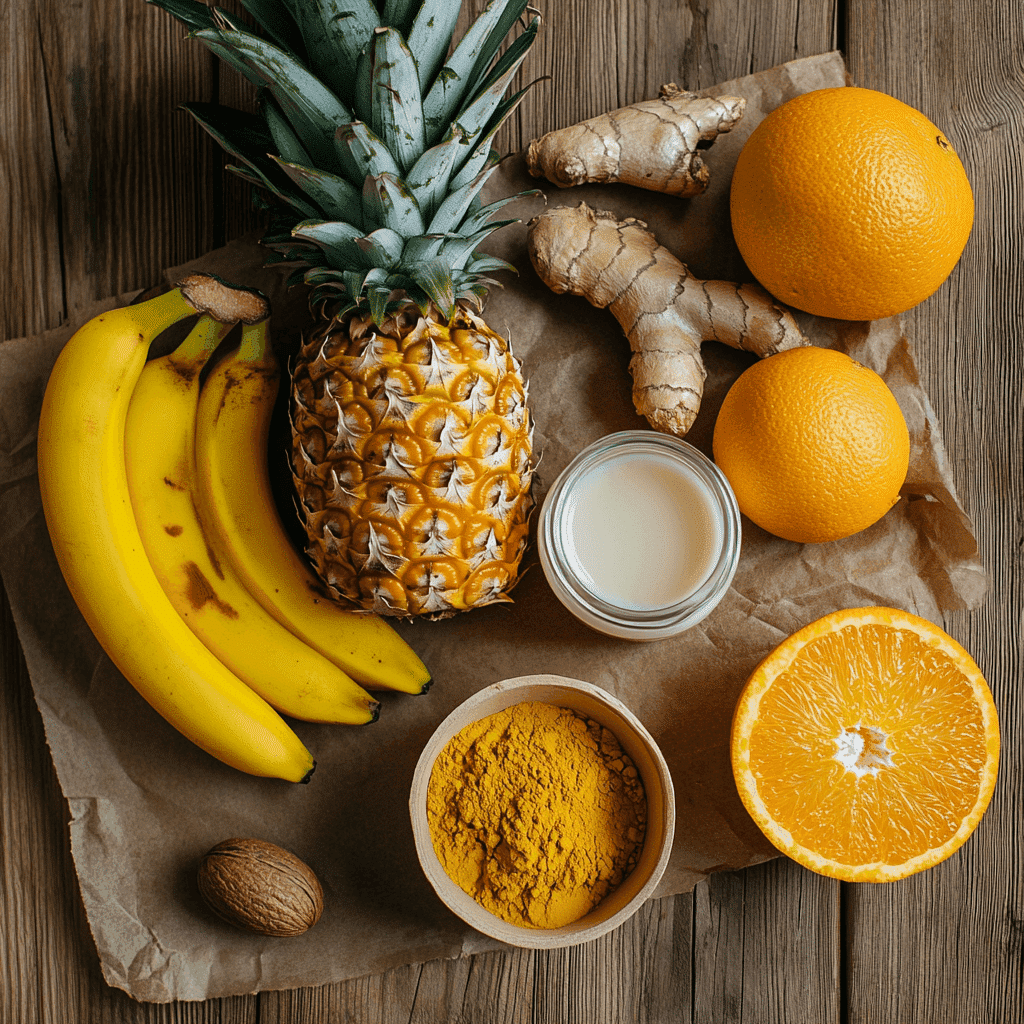 Fresh ingredients for Pineapple Orange Sunrise Smoothie laid out on a table.
