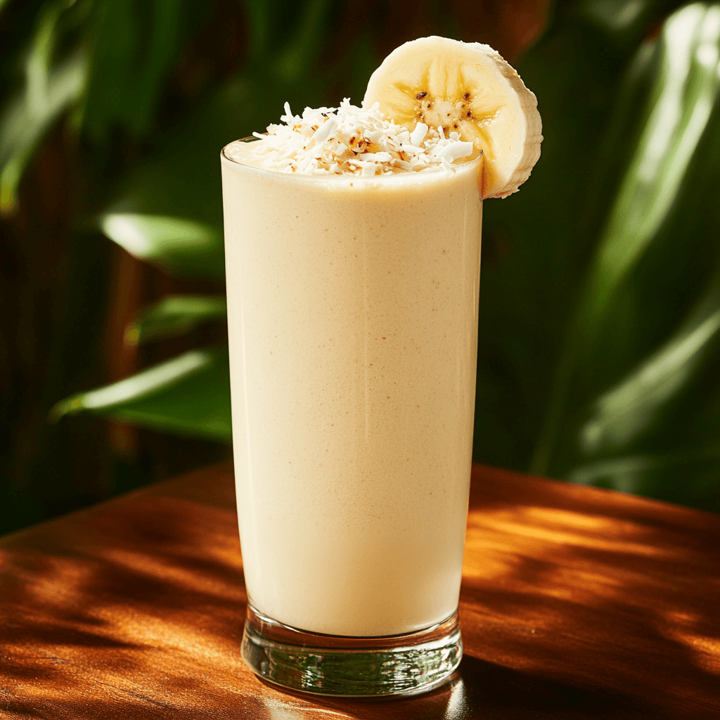 Creamy coconut banana smoothie in a tall glass with shredded coconut topping
