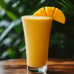 A tall glass filled with a creamy coconut mango smoothie, complete with a straw and a fresh mango slice garnish.