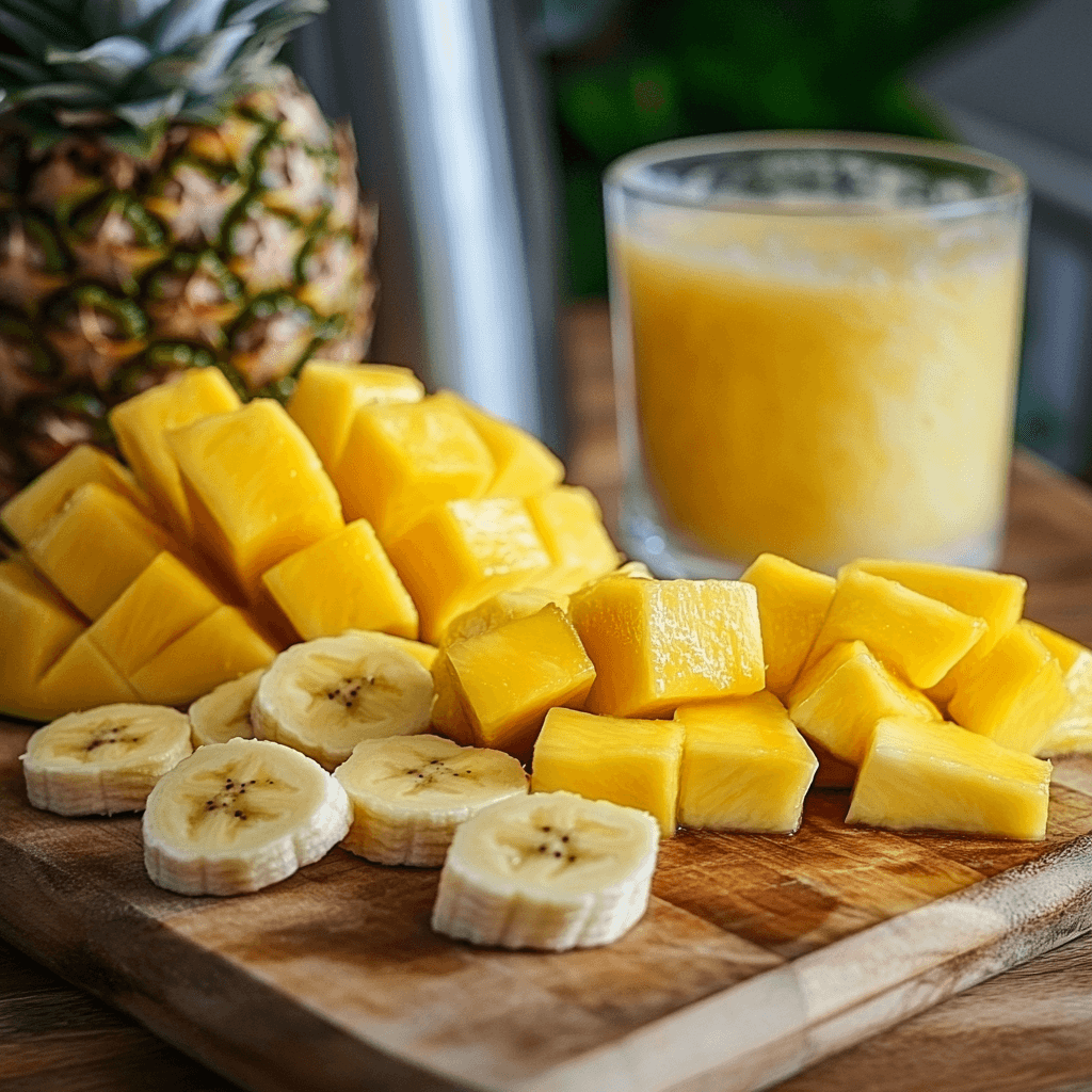 Fresh mango, pineapple, and banana slices arranged on a cutting board, ready for blending.
