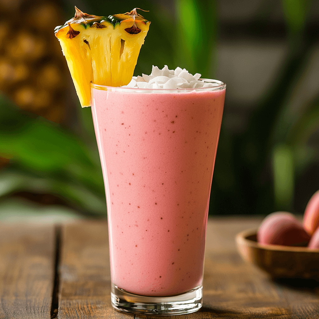 A glass of guava and pineapple smoothie garnished with a pineapple slice and coconut flakes