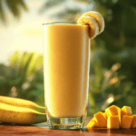 A refreshing mango banana smoothie in a tall glass, garnished with fresh mango slices and coconut flakes, set against lush tropical foliage.