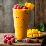A refreshing mango banana raspberry smoothie served in a tall glass with a straw, accented by slices of mango and fresh raspberries.