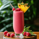 A vibrant mango pineapple raspberry smoothie in a tall glass, garnished with a pineapple slice and fresh raspberries.