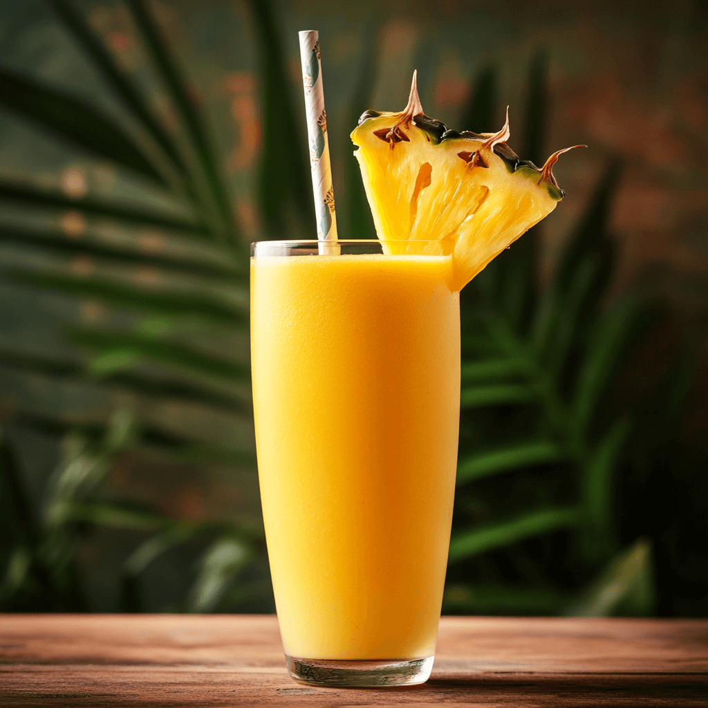 A refreshing mango pineapple smoothie in a tall glass with a pineapple slice garnish