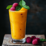 A colorful mango and raspberry smoothie served in a tall glass with a straw, accented by fresh raspberries and mint.