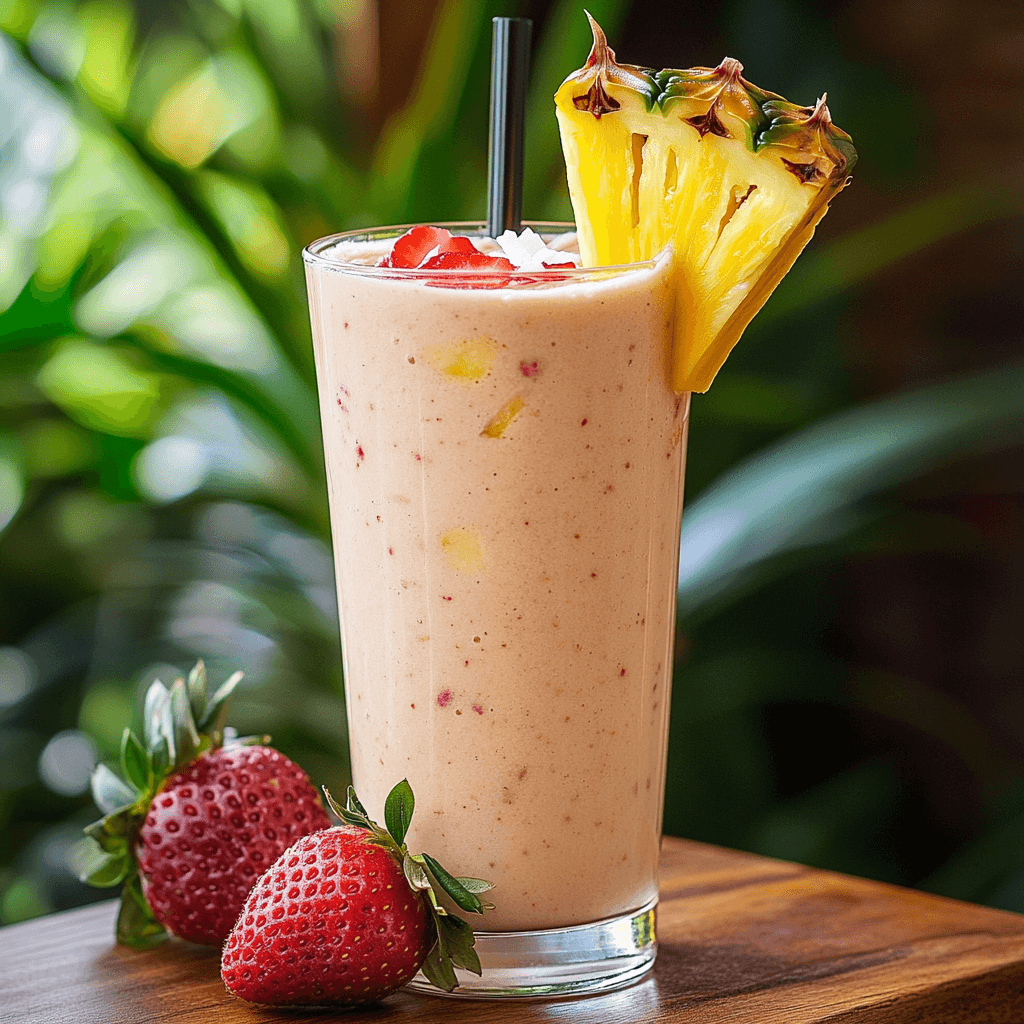 Refreshing Paradise Smoothie with pineapple and strawberries in a tall glass