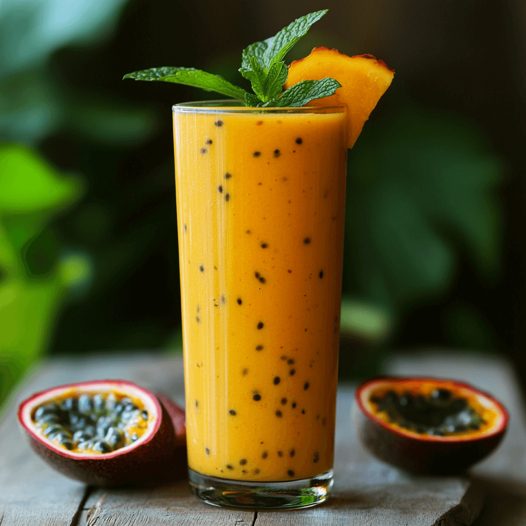 A refreshing passion fruit and papaya smoothie served in a tall glass with mint garnish.