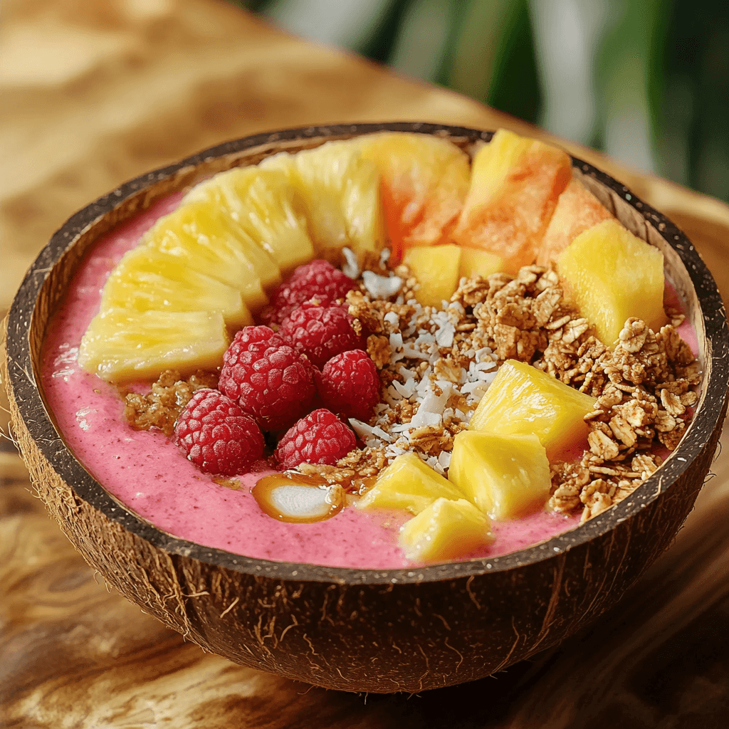 A smoothie bowl made with guava, pineapple, and coconut milk, topped with fresh fruit and granola