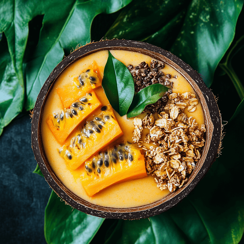 A smoothie bowl topped with papaya slices, passion fruit pulp, and granola.