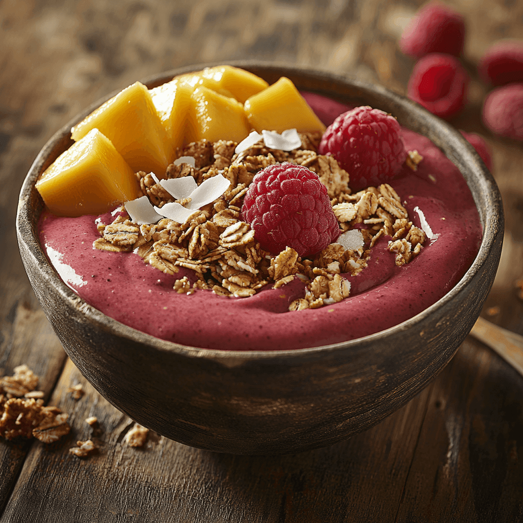 A smoothie bowl made with mango, banana, and raspberries, topped with granola, coconut flakes, and fresh fruit.