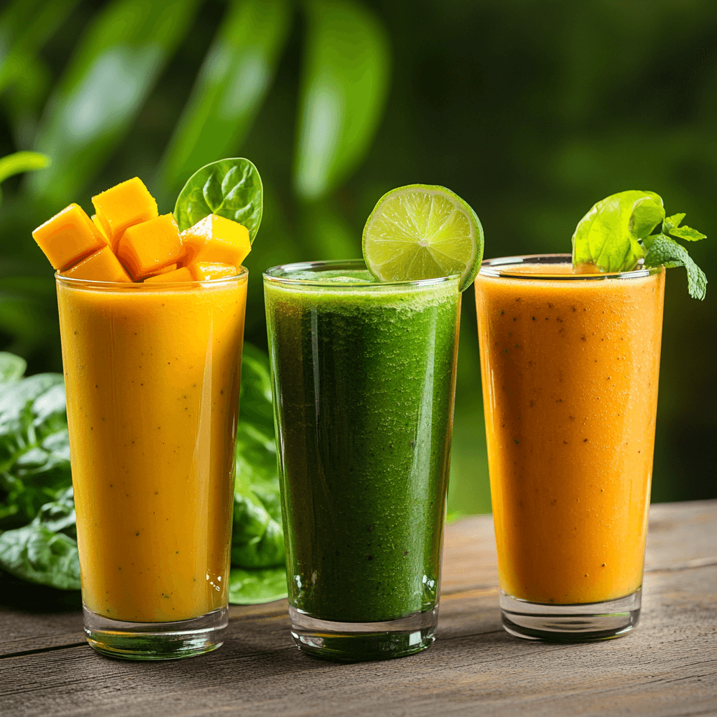 Three different tropical smoothies in glasses with garnishes
