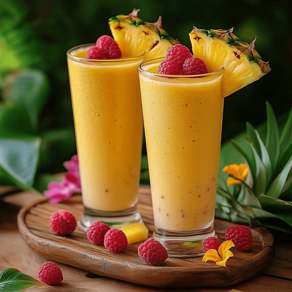Two glasses of mango pineapple raspberry smoothie garnished with pineapple slices and fresh raspberries.