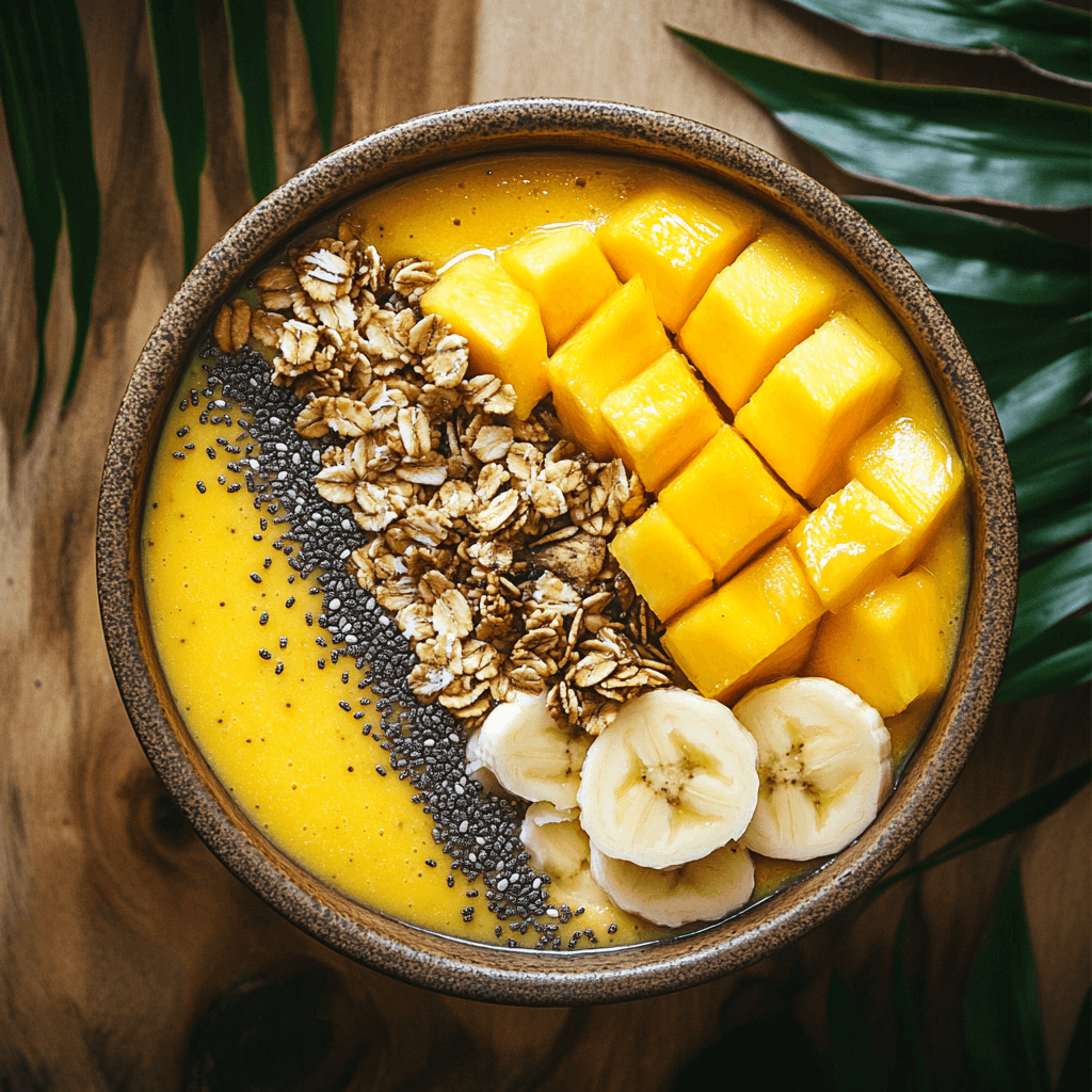 Tropical Trio Smoothie in a bowl, topped with granola, chia seeds, and fresh fruit slices.