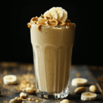 A luscious peanut butter banana smoothie showcased in a sleek glass, adorned with a gentle peanut butter drizzle and fresh banana slices.