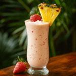 A chilled Paradise Smoothie featuring fresh pineapple and strawberries in a sleek tall glass.