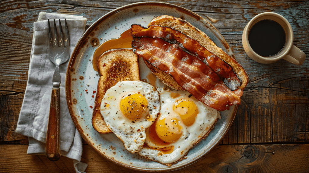Buckboard bacon served as part of a delicious breakfast with eggs.