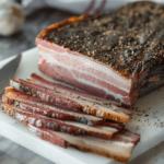 Delicious slices of homemade buckboard bacon, smoked to perfection.