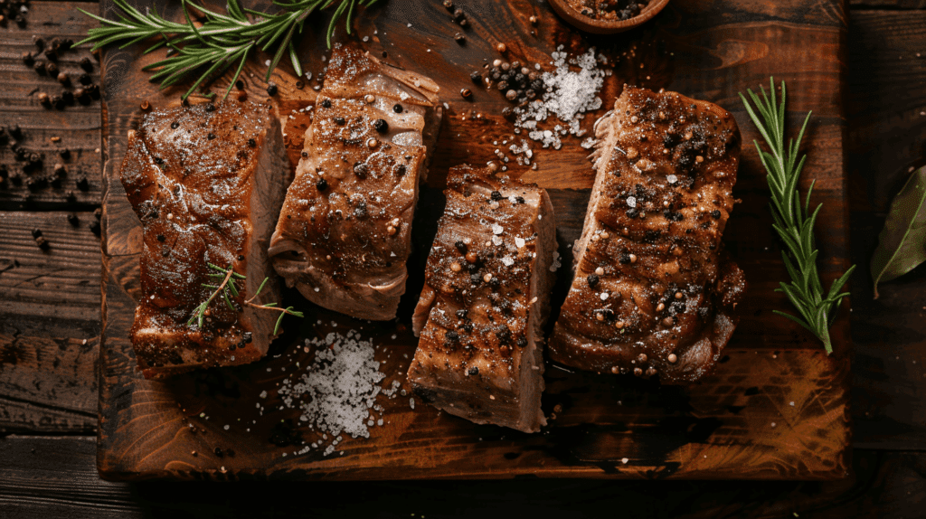 Pork butt pieces being covered in a dry cure mixture of salt, sugar, and spices for buckboard bacon.