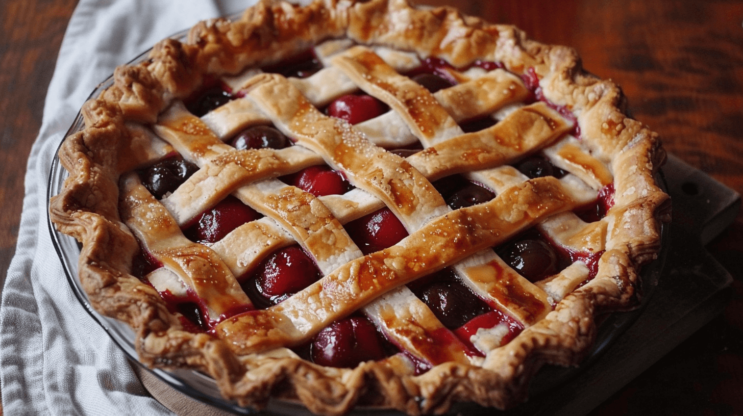 Close-up of a freshly baked cherry pie with a golden-brown, flaky crust and visible juicy cherry filling.