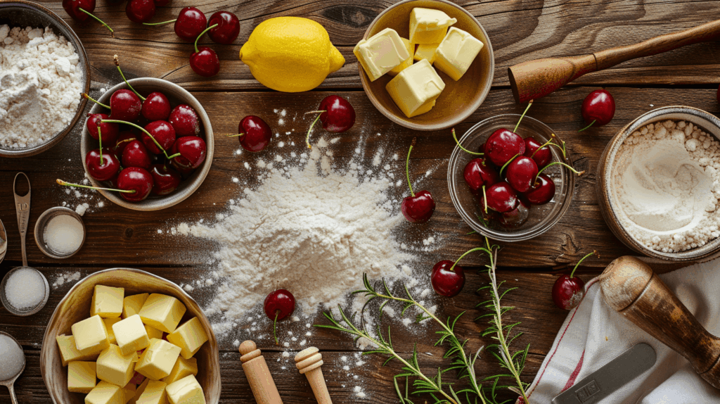 Flat lay of the main ingredients for cherry pie: fresh or frozen cherries, flour, cold butter, sugar, lemon, and almond extract arranged on a wooden surface.