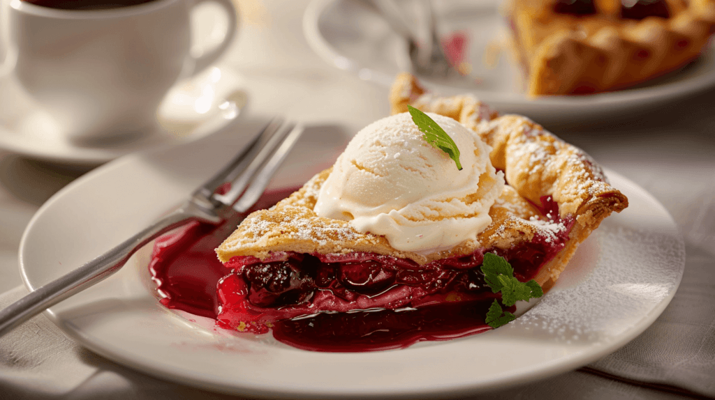 A slice of warm cherry pie on a plate, topped with a scoop of melting vanilla ice cream and a sprig of mint.
