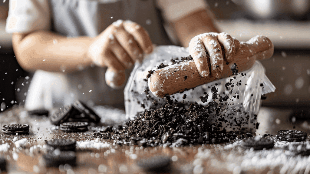 Crushing Oreos for Homemade Dirt Cake Recipe