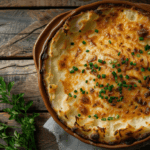 Overhead shot of a freshly baked, golden brown Classic Fish Pie, showcasing its creamy mashed potato topping and bubbly sauce.