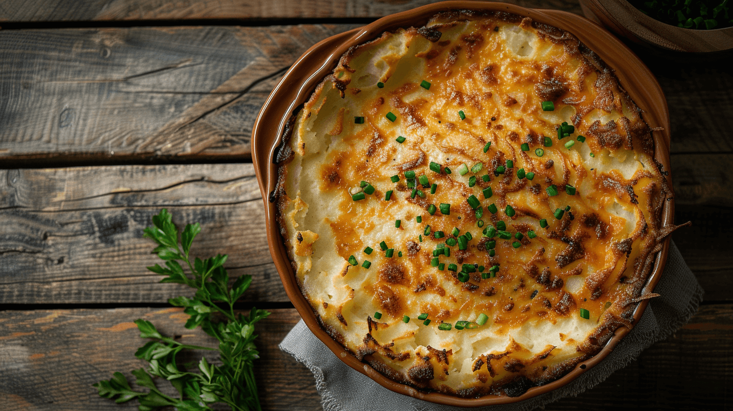 Overhead shot of a freshly baked, golden brown Classic Fish Pie, showcasing its creamy mashed potato topping and bubbly sauce.